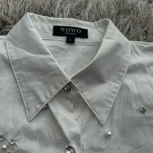Elegant White Button-Up Shirt with Embellishments